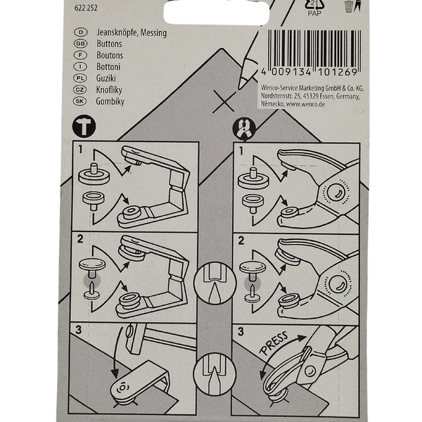 Jeansknöpfe 17mm, Messing - 8 Stück, Rostfrei